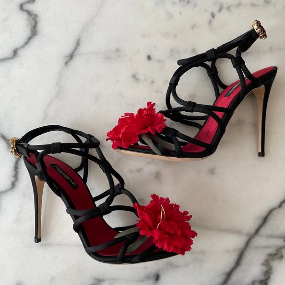 Dolce & Gabbana Satin Strappy Sandals with Flower - Picture 5 of 15
